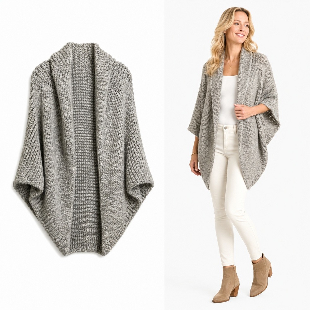 Indigenous Womens Alpaca Wool Poncho Cardigan Gray Open Front Crochet Shrug OS
